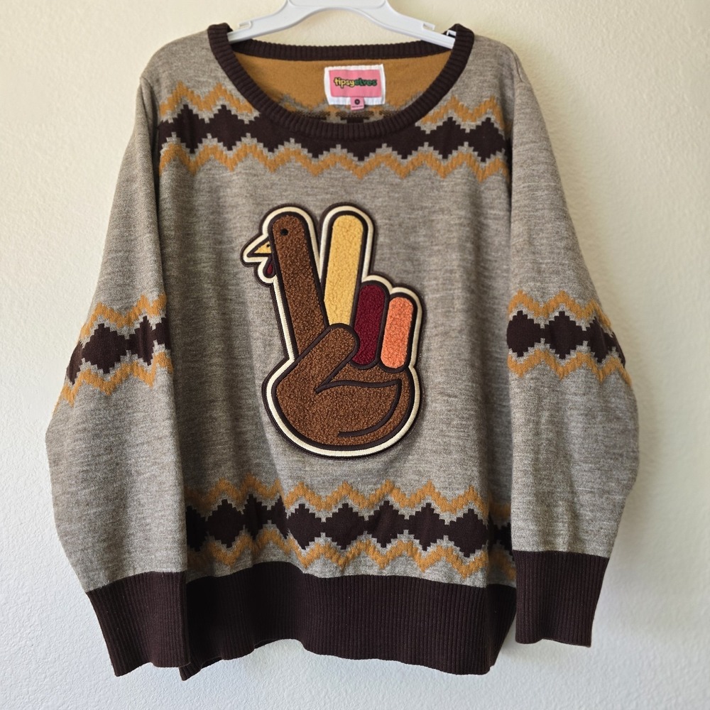 Tipsy Elves Women's Plus Sz 1X Ugly Sweater Peace‎ Turkey Thanksgiving Brown GUC